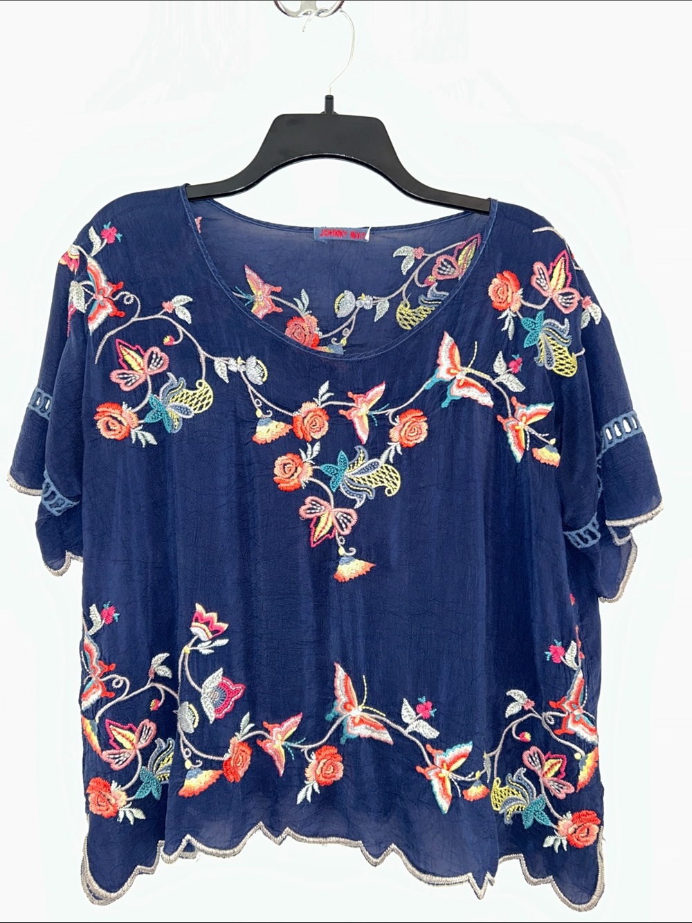 Johnny Was Navy Embroidered Floral Short Sleeve Blouse
